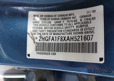 2010 Honda Civic Ex из США, поврежденный, VIN 2HGFA1F8XAH521607